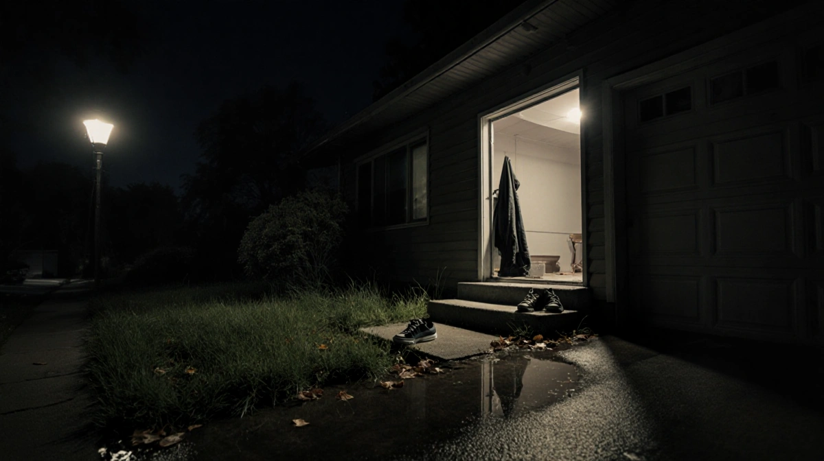 Sneakers resting beside a jacket on porch steps with a dimly lit garage door open and streetlight shadows.