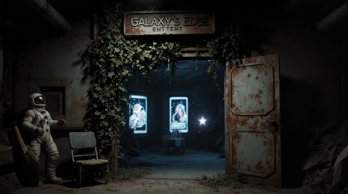 Abandoned space station entrance shows rusted doorway with faded Galaxy