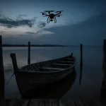 Boat floats alone in murky waters with abandoned dock and dim dusk sky