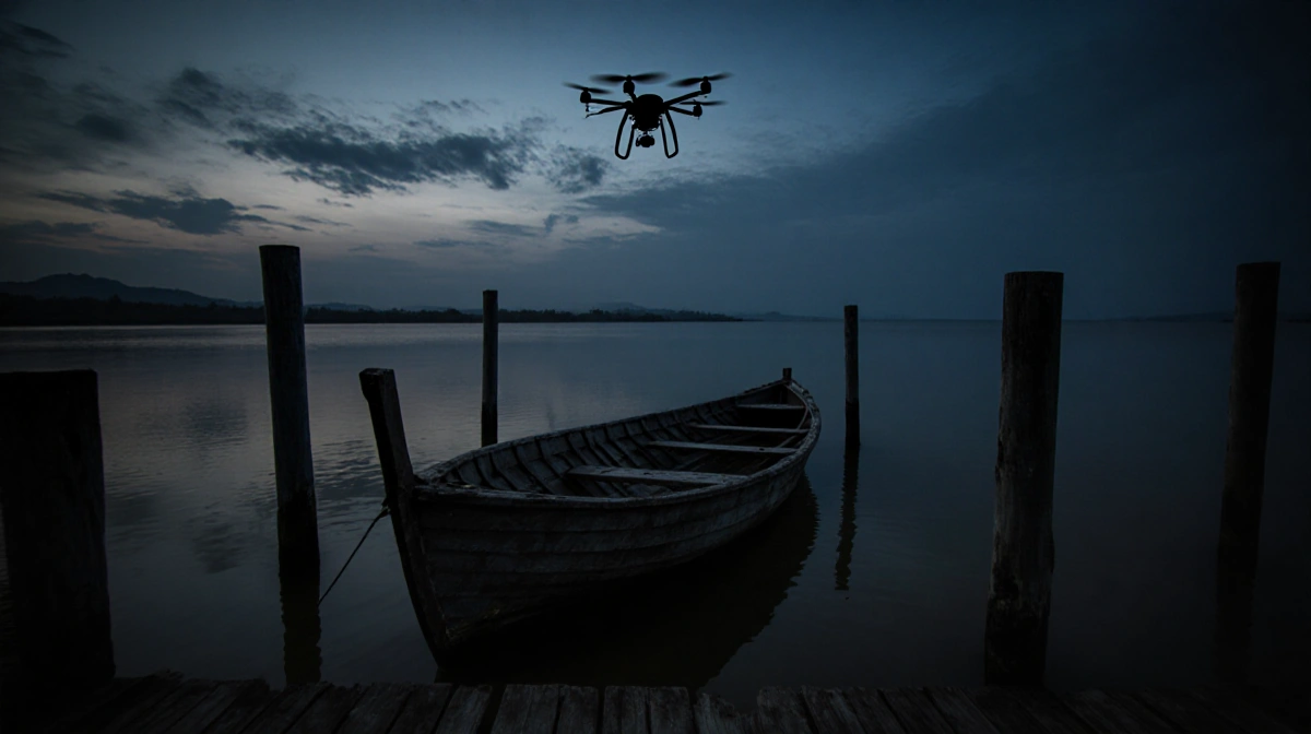 Boat floats alone in murky waters with abandoned dock and dim dusk sky