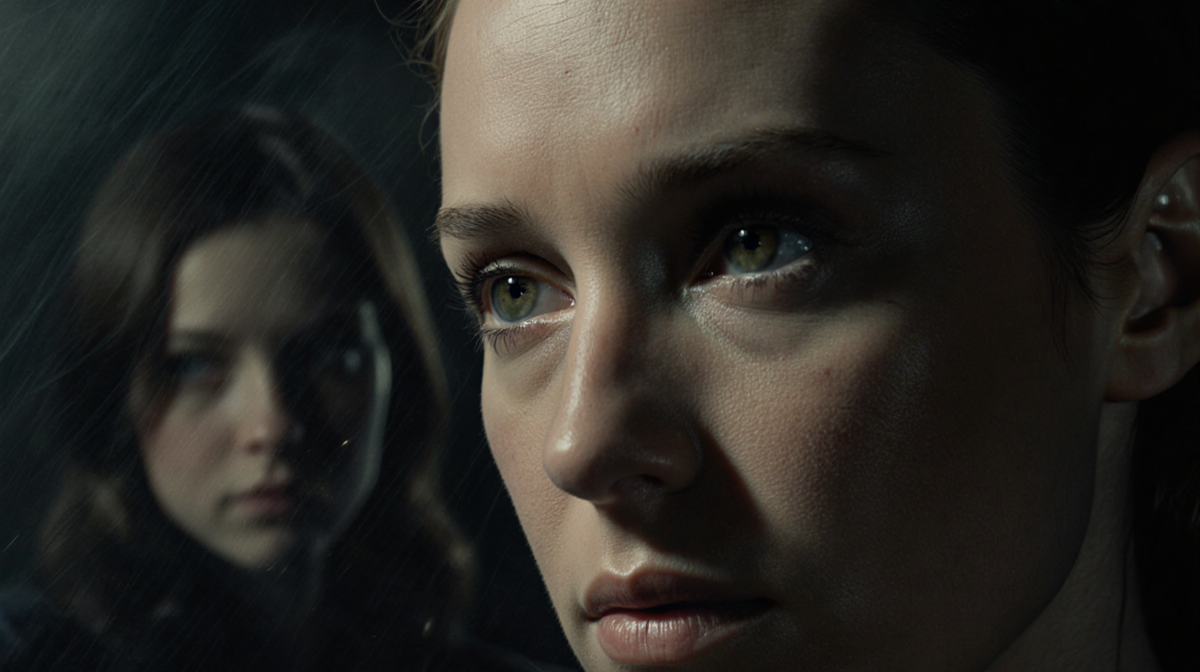 Abby looks determined with Ellie reflected in her eyes and a dim gritty background