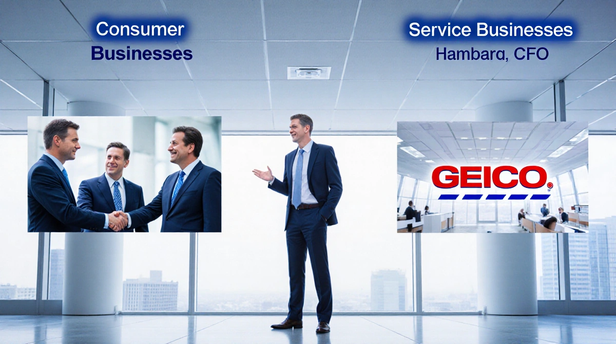 Abel standing in a large office with three sections where executives shake hands illustrating workload easing