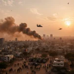 Dust plume rises from airstrikes over Abuja with sunset orange glow and fighter jets overhead.
