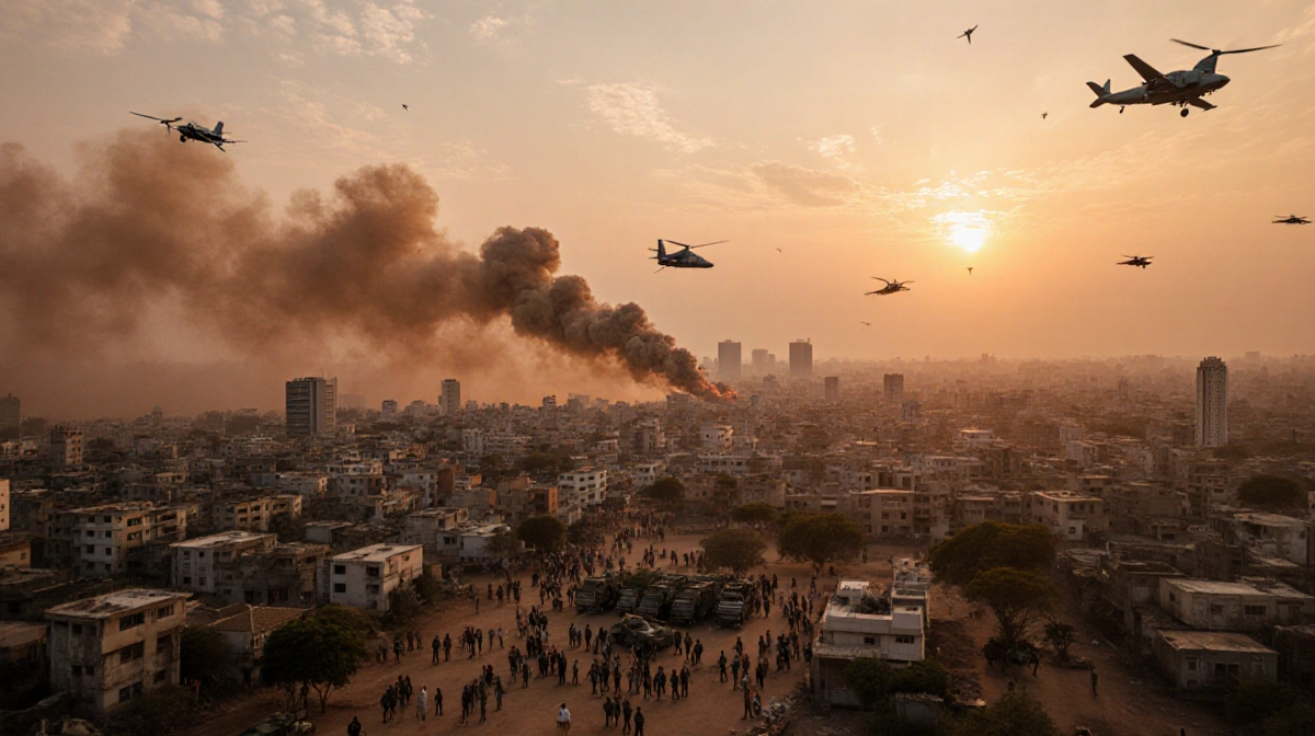 Dust plume rises from airstrikes over Abuja with sunset orange glow and fighter jets overhead.