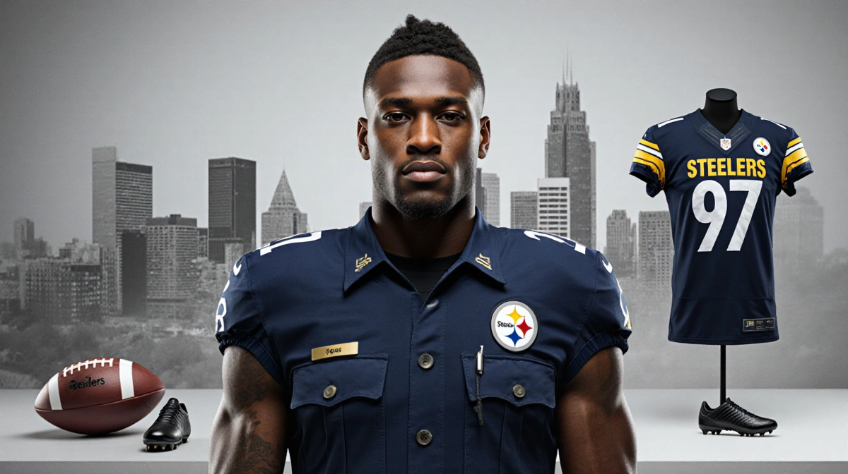 Adam Thielen wearing Pittsburgh police uniform with Steelers jersey nearby and football equipment at his feet