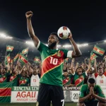 Feisal Salum raises football ball in night stadium with jubilant Tanzanian fans waving flags and Angolan bench in despair.