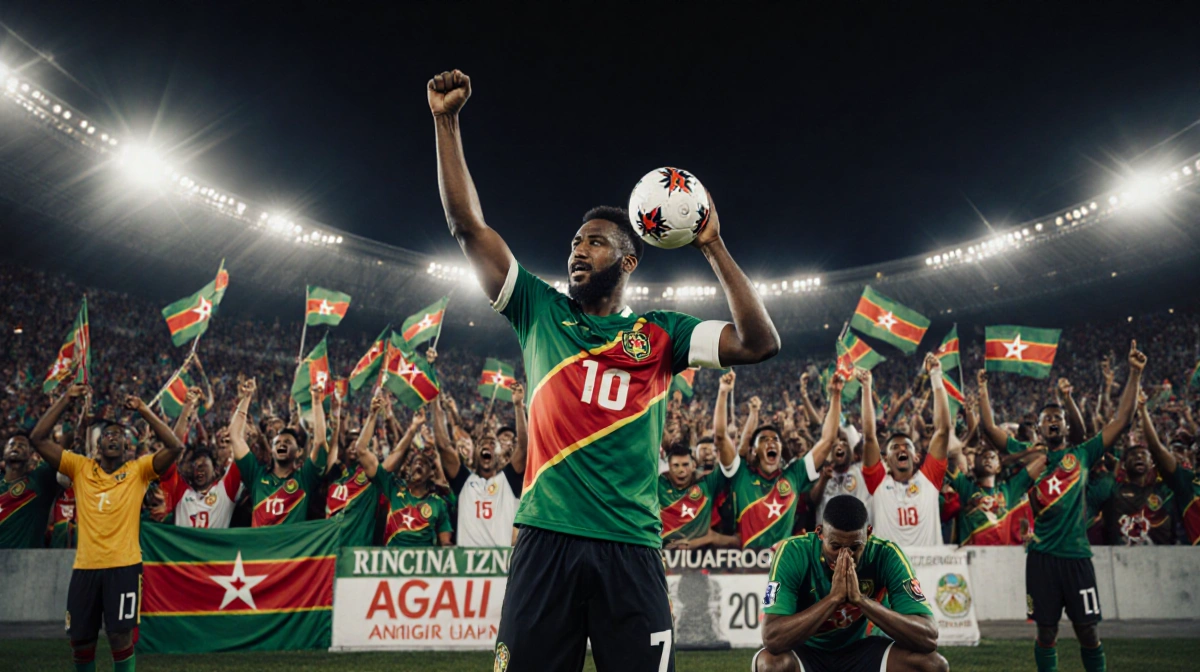 Feisal Salum raises football ball in night stadium with jubilant Tanzanian fans waving flags and Angolan bench in despair.