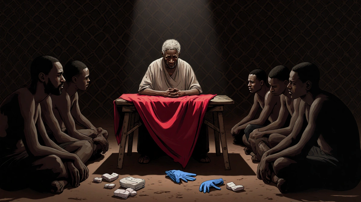 Young men sit with elder during dim initiation ceremony with red cloth and scattered medical supplies