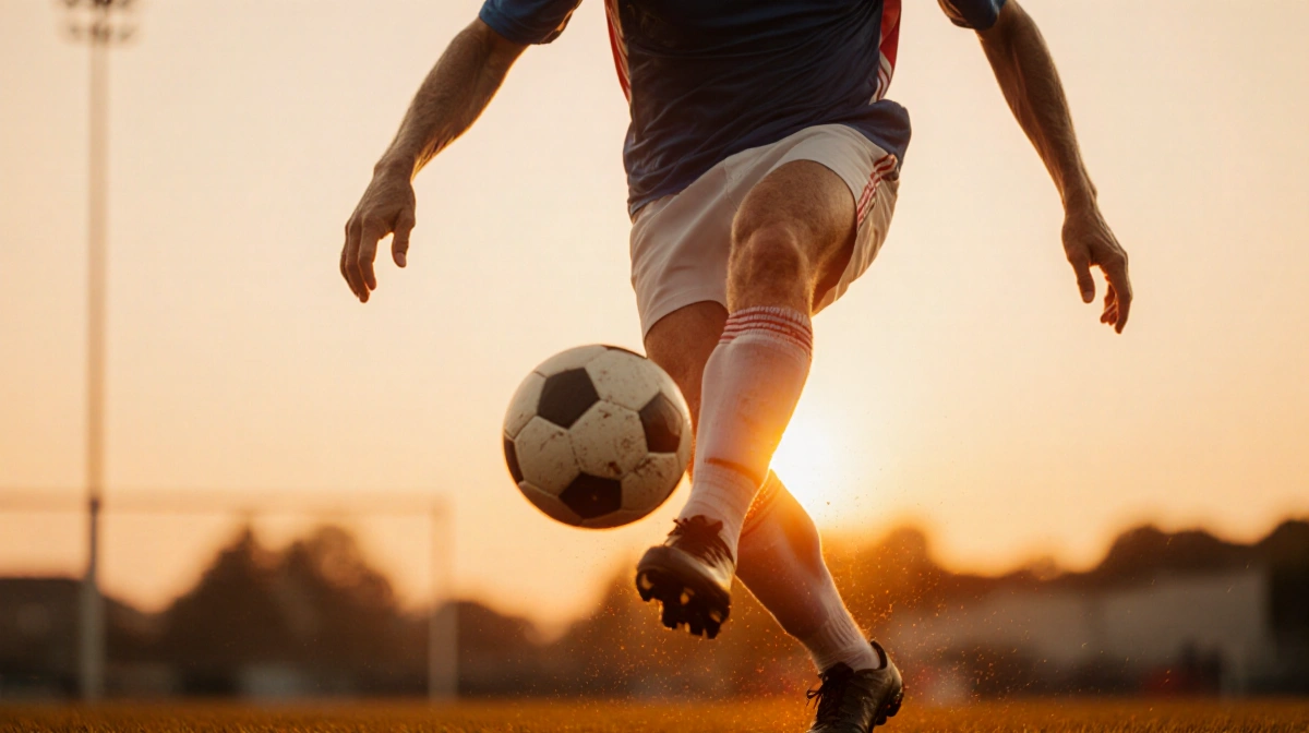 Aged soccer player kicking a ball at dusk with determined face and warm orange light