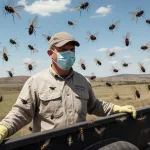 Agricultural worker standing beside truck with swarm of sterile screwworm flies under blue sky and rolling fields.