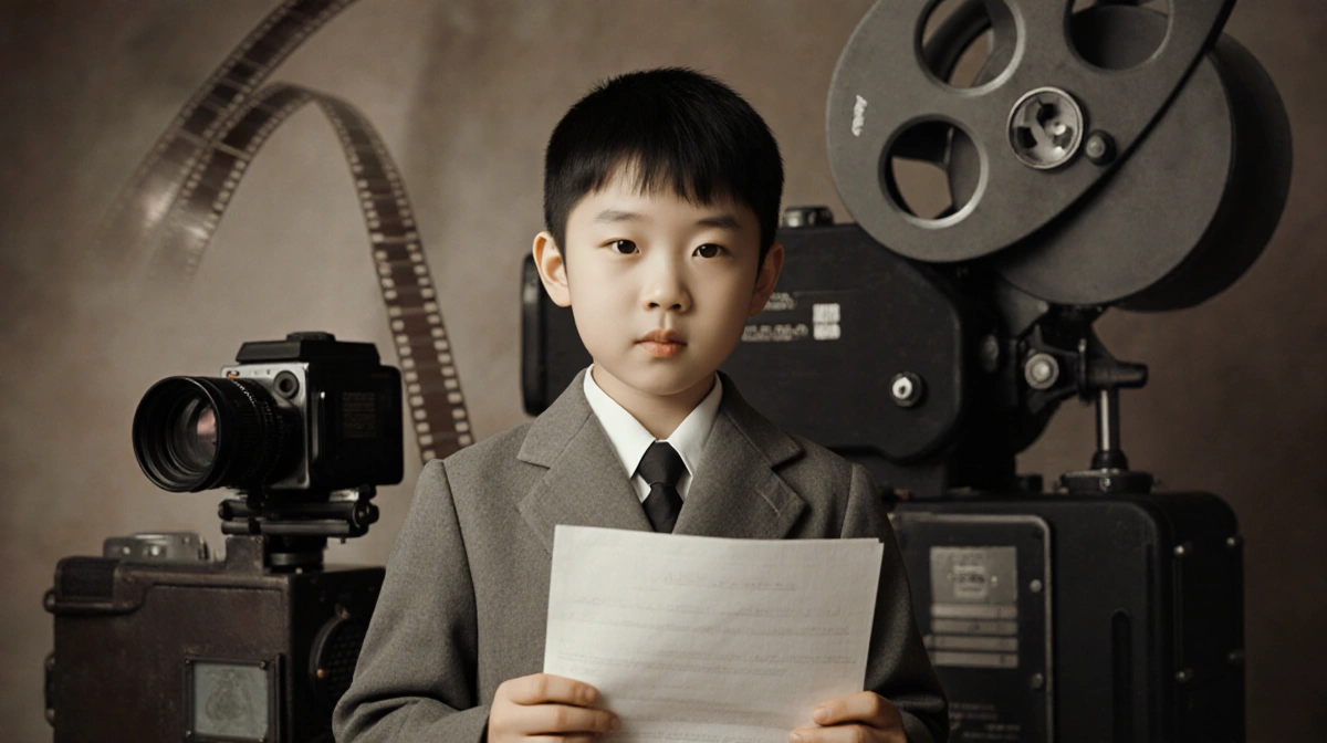 Child Ahn Sung-ki posing with script near old movie projector in 1957 film costume and film reel backdrop.