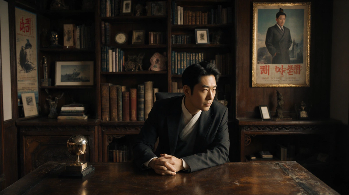 Ahn Sung-ki sits with head on wooden desk in dim Korean study gazing softly with a faded movie poster behind