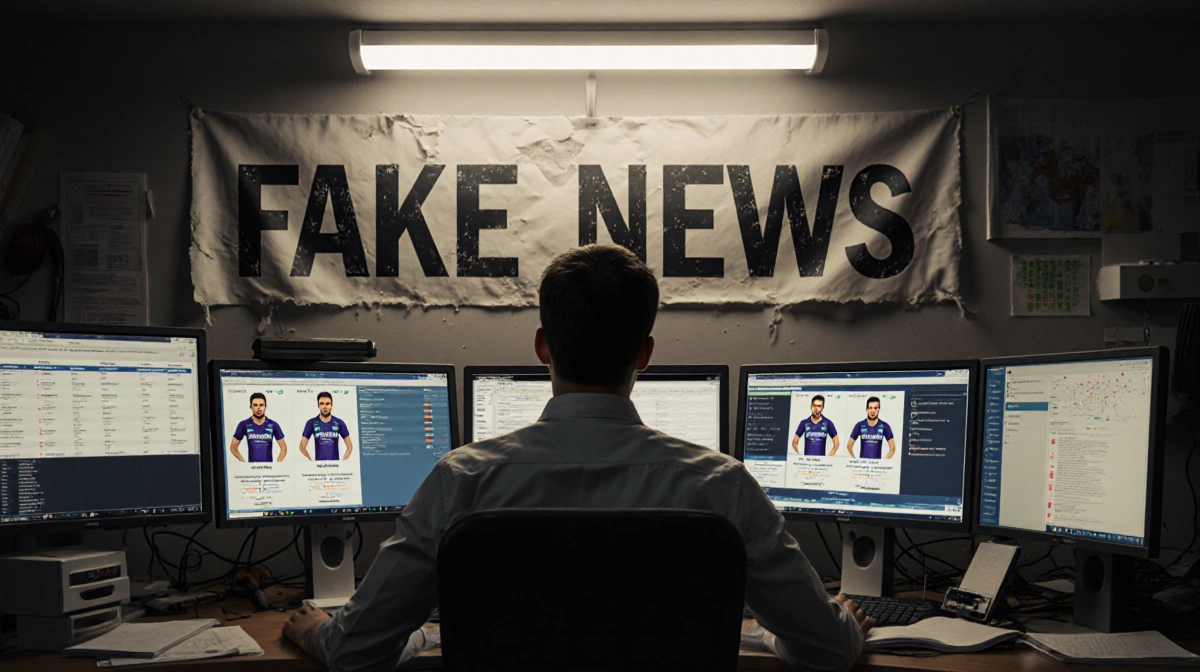 Concerned reporter sits at desk with AI-generated football profiles on screens and Fake News banner behind