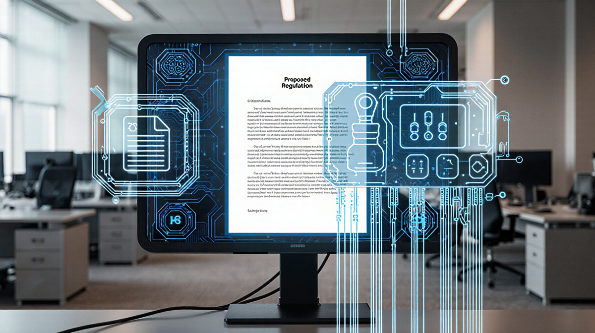 Computer screen editing AI regulation document with glowing digital interface and circuit board background