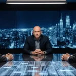 Alex Karp leans forward with hands clasped, eyeing Larry Fink across an AI‑lit table near a dark cityscape grid