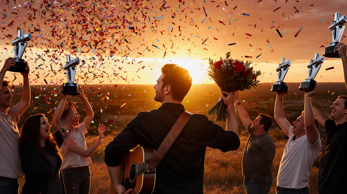 Aiden Ross stands triumphantly with his guitar and a trophy bouquet against a sunset-lit Texas landscape with cheering fans