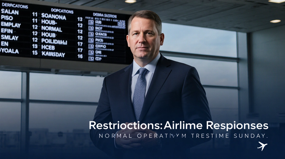 Secretary Sean Duffy standing in an airline terminal with departures board showing flight numbers announcing operations resum