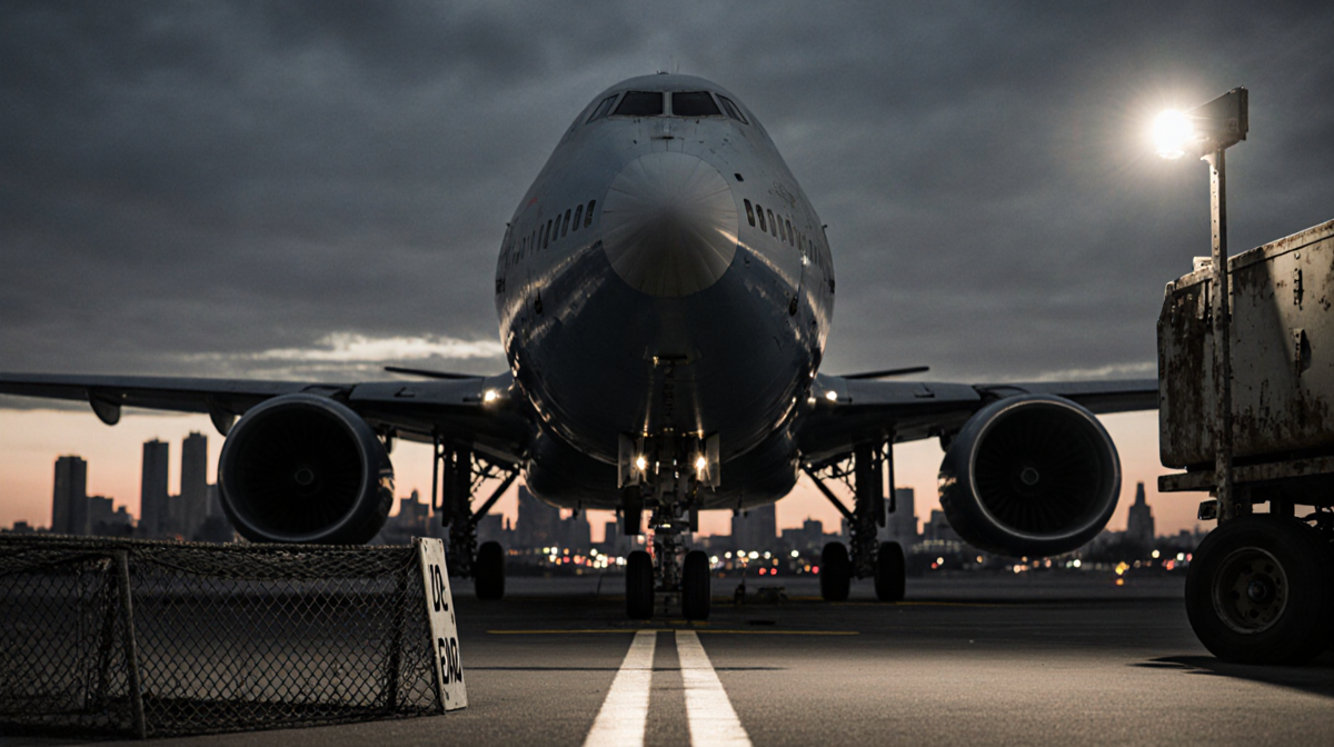 Airplane nose section dominates view with wings obscuring and long spotlight shadows over Washington DC cityscape