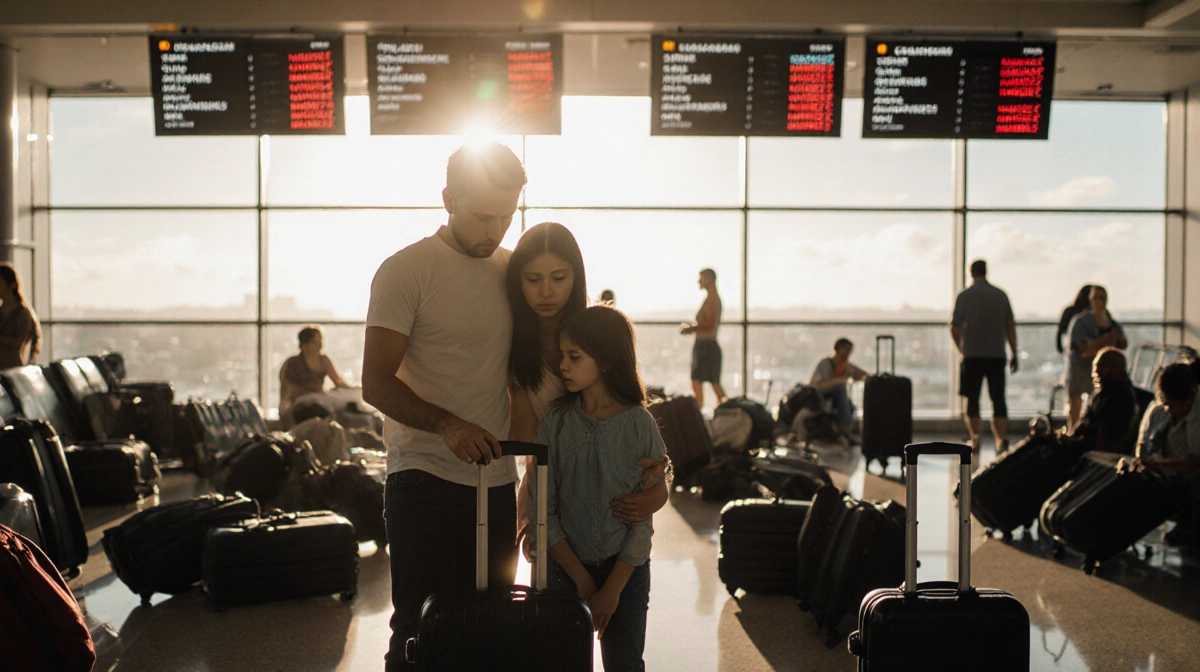 Family huddles over small suitcase with cancelled flight board and Caribbean sky through airport windows.