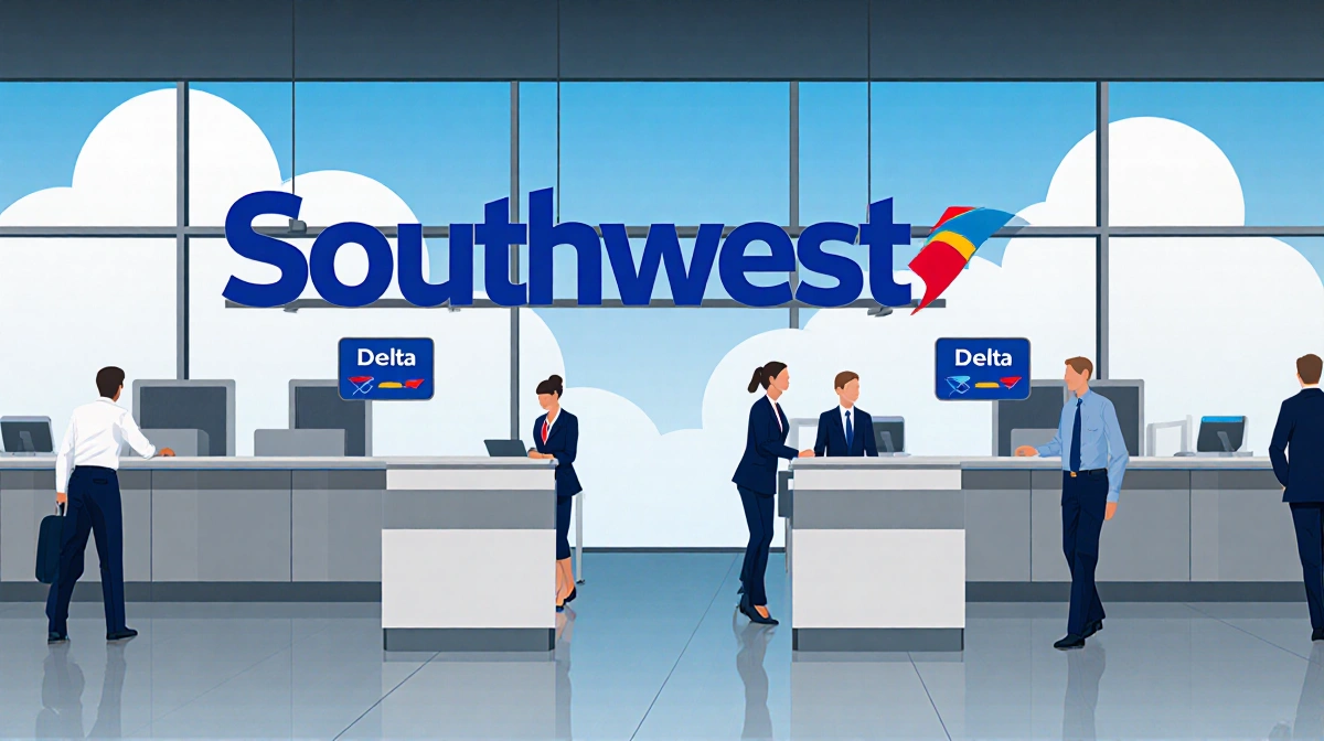 Southwest staff processing passengers with large Southwest sign and smaller Delta sign showing rivalry in airport terminal