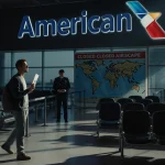 Traveler standing at terminal gate clutching boarding pass with worried look while American Airlines logo looms and security