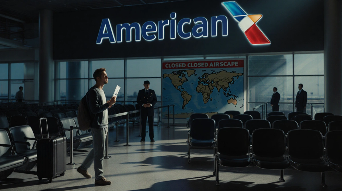 Traveler standing at terminal gate clutching boarding pass with worried look while American Airlines logo looms and security