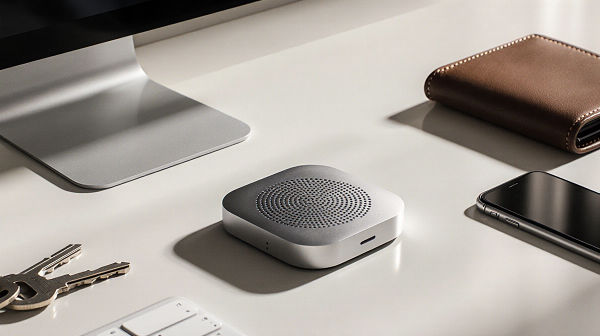 Apple AirTag 2 tracker sits on a minimalist desk with keys and phone and wallet under soft natural light