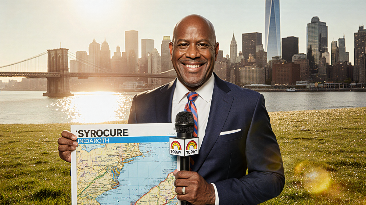 Al Roker standing smiling looking at viewer holding TODAY microphone with sunlight and dew on grass
