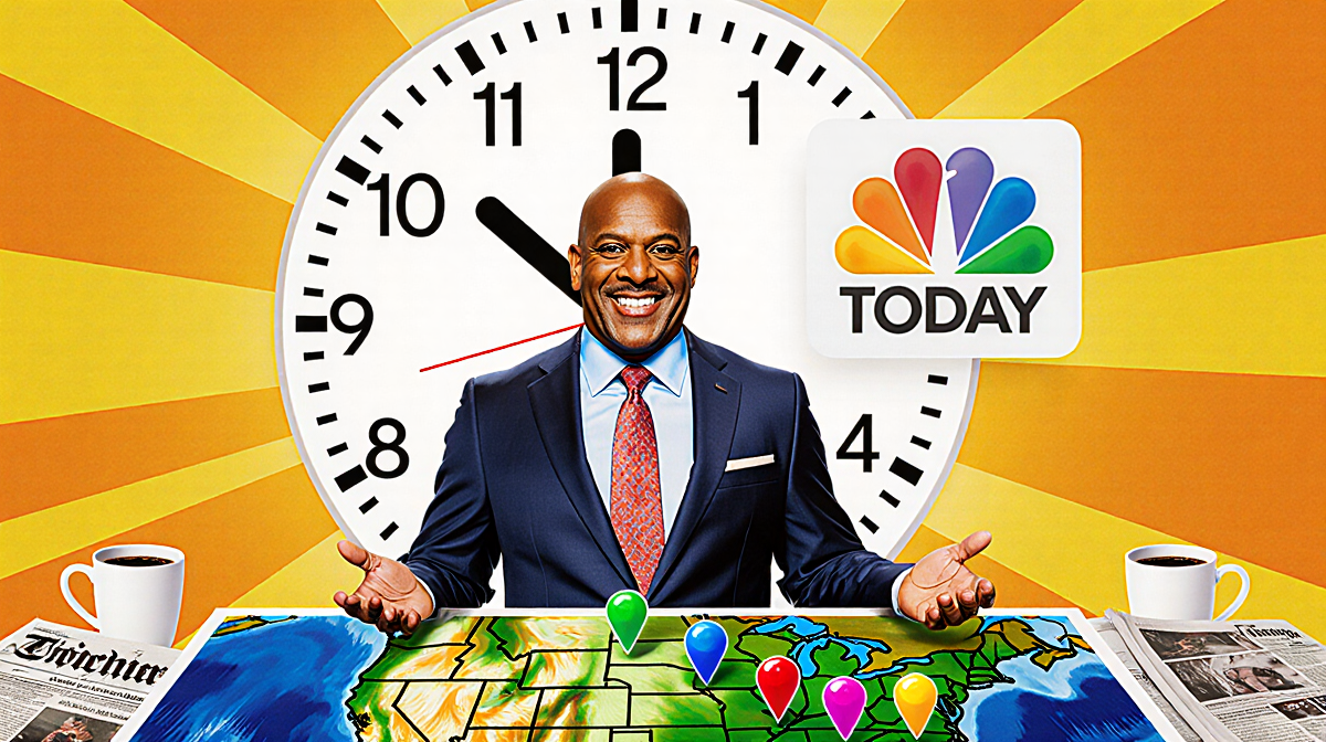 Al Roker celebrates 30 years standing with bright TODAY show backdrop and ticking clock and weather map near NBC logo