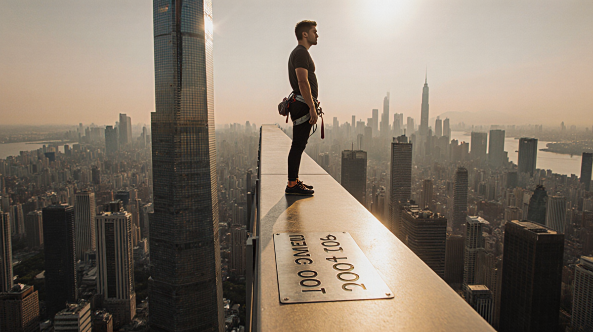 Alain Robert stands atop Taipei 101 with a 2004 metal plate below and golden sunlight highlighting his solitary climb.