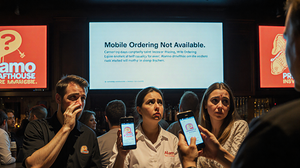 Frustrated bar staff at Alamo Drafthouse stare at glowing error screen with customers holding phones in disappointment.