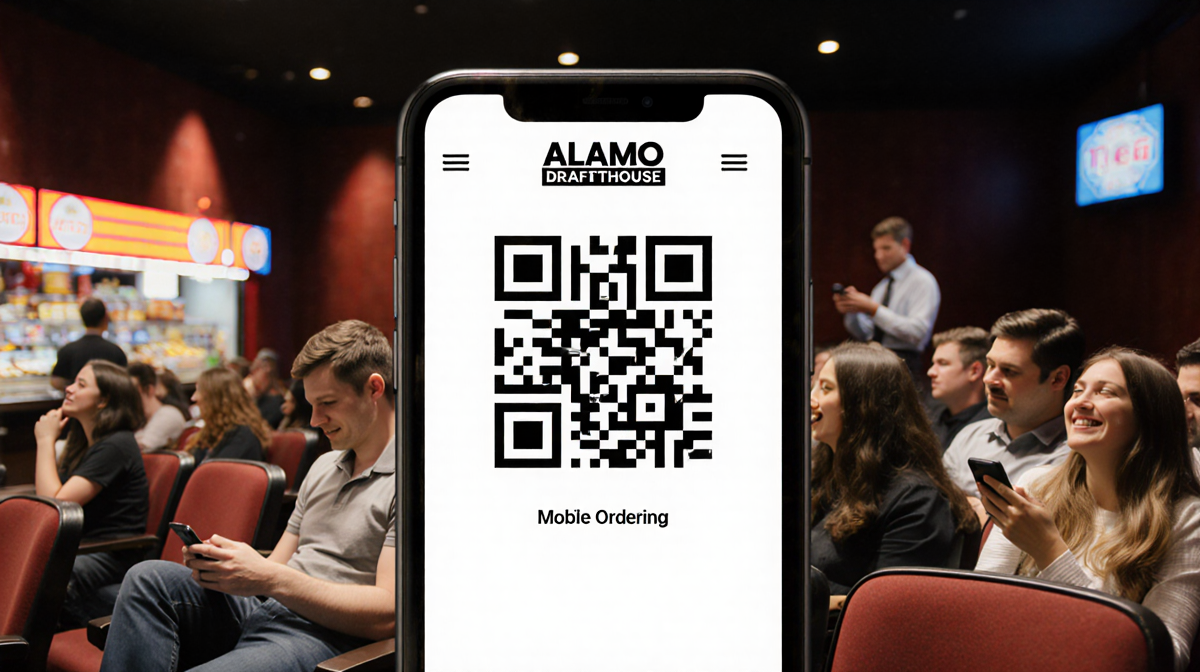 Smartphone screen displays Alamo Drafthouse QR code for mobile ordering with theater seats and concession items in background