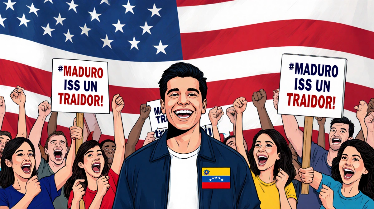 Young Aldias Vichiotta beams with Venezuelan flag pin at American flag while rallying against Maduro with friends with signs