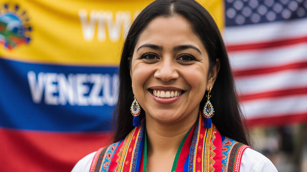 Alejandra Arrieta smiles with vibrant scarf and earrings near a large American flag and a Viva Venezuela banner.