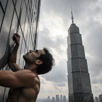 Alex Honnold climbing Taipei 101 wall with eyes fixed upward raindrops and sunlight highlighting his athletic physique