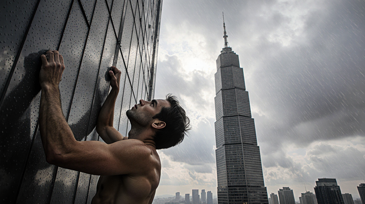 Alex Honnold climbing Taipei 101 wall with eyes fixed upward raindrops and sunlight highlighting his athletic physique