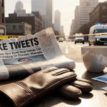 Torn newspaper front page displays bold headline FAKE TWEETS with Alex Pretti article with worn leather gloves and cold coffe