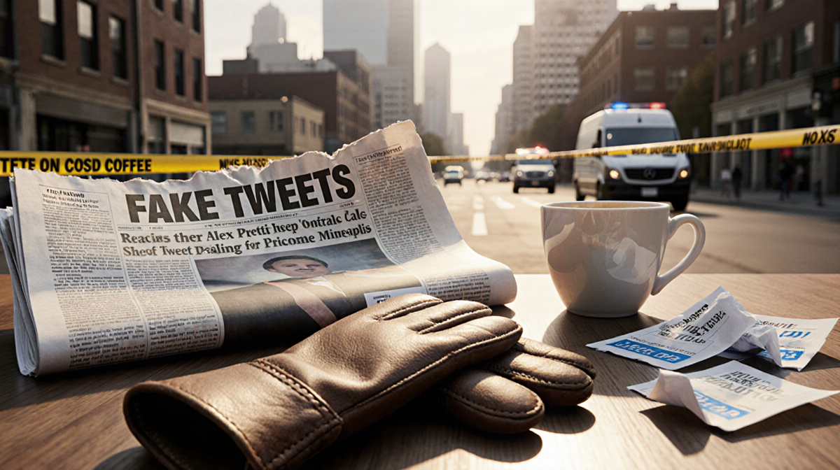 Torn newspaper front page displays bold headline FAKE TWEETS with Alex Pretti article with worn leather gloves and cold coffe