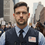 Alex Pretti standing with ICU nurse uniform and protest vest in front of city backdrop with police horses nearby