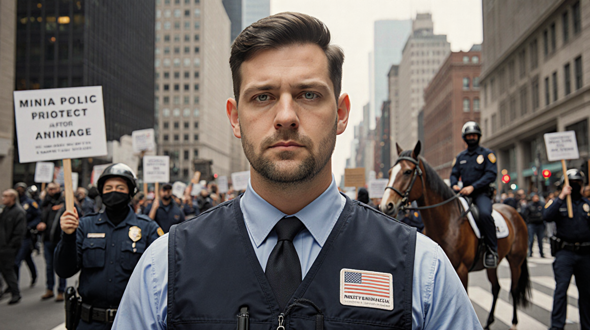 Alex Pretti standing with ICU nurse uniform and protest vest in front of city backdrop with police horses nearby