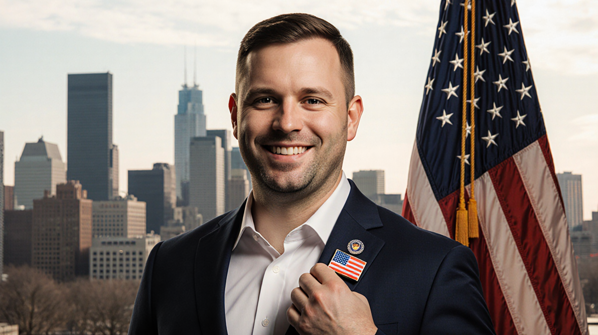 Alex Pretti standing with right hand on flag pin near US flag blurred Minneapolis cityscape background and patriotism veteran