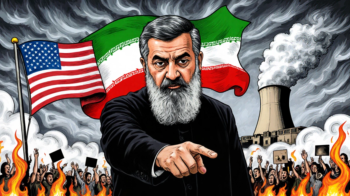 Ali Larijani points toward United States with Iranian flag waving behind and chaotic cityscape with storm clouds.