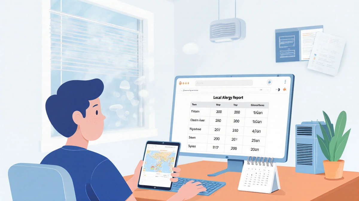 Person checking local allergy report on tablet with air purifier humming and calendar nearby