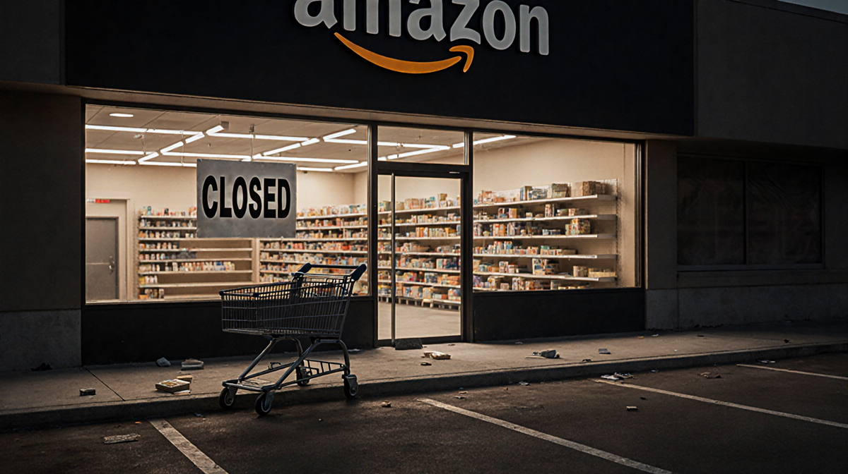 Deserted Amazon store shows bare shelves and scattered products with a faded closed sign and warm parking lot glow.