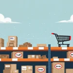 Amazon warehouse shelf holds tariff‑labeled products and an abandoned cart reflecting economic uncertainty under a cloudy sky