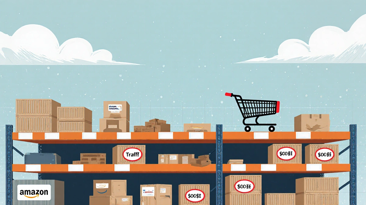 Amazon warehouse shelf holds tariff‑labeled products and an abandoned cart reflecting economic uncertainty under a cloudy sky