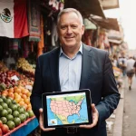 U.S. Ambassador Ronald Johnson standing in Mexican market holding tablet with border map and notebook amid colorful textiles