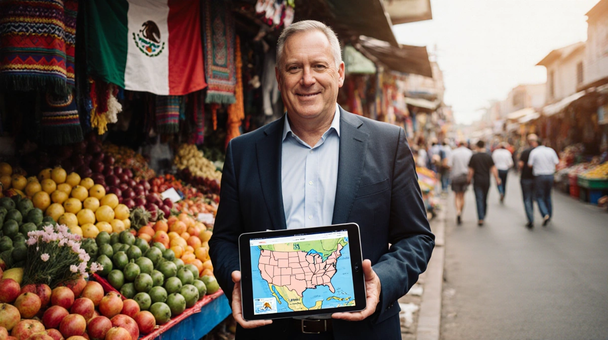 U.S. Ambassador Ronald Johnson standing in Mexican market holding tablet with border map and notebook amid colorful textiles