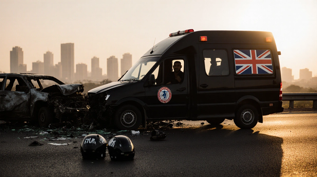 Ambulance speeds away from wreck with British flag and Anthony Joshua silhouette visible in window on Lagos expressway