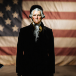 Person standing alone with blurred flag backdrop and face swap overlay in golden light behind smartphone showing Can you sue?